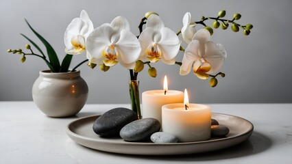 Floral home decor with white orchid, candle and stones on ceramic plate isolated on white background
