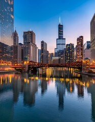 Naklejka premium Sun-kissed skyscrapers reflecting in the tranquil waters of the Chicago River.