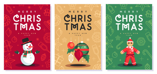 Fototapeta premium Set of Merry Christmas and Happy New Year greeting cards, covers or posters with holiday attributes. Christmas background. Flat design. Vector illustration