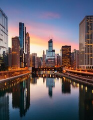 Naklejka premium A panoramic view of Chicago's architectural marvels illuminated by the golden hour.