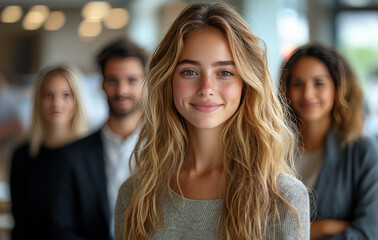 Obraz premium A young woman stands in the center of an office room, smiling and extending her hand to shake with five diverse business people standing behind he