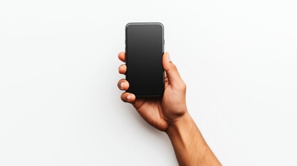 Close-up of a person holding a modern smartphone with a blank screen in their right hand against a white background.