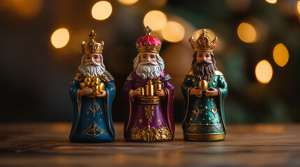 Three king figurines in royal attire, holding gifts of gold, frankincense, and myrrh, vibrant colors and detailed craftsmanship