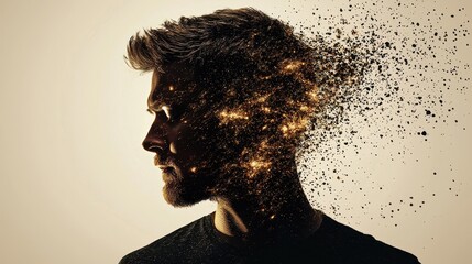 A surreal representation of a man with a head dissolving into particles of light and energy.