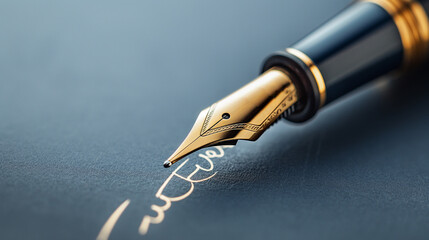 Signing a signature with a fountain pen, close-up of a fountain pen writing on paper