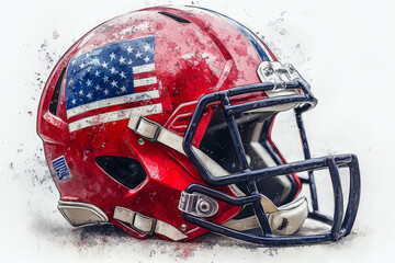 Fototapeta premium Football helmet with USA flag design, side view, no shadow, retro vector, used, old helmet, flat, paint style, watercolor style,