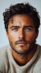 Obraz premium A Professional Male Portrait with Blue Eyes, Wearing a Gray Round-neck T-shirt, Featuring Dense Eyebrows and a Serious Expression