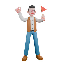 Professional Male Anthropologist. A male anthropologist is standing, raising both hands while carrying a red triangular flag. 3D Cultural Illustration