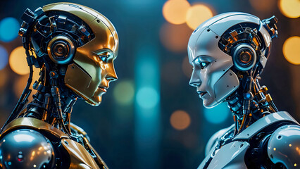 Two beautiful female androids are facing each other. Abstract particles bokeh background.