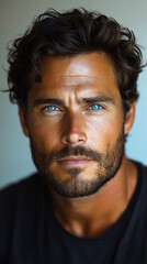 Obraz premium A Professional Male Portrait with Blue Eyes, Wearing a Gray Round-neck T-shirt, Featuring Dense Eyebrows and a Serious Expression