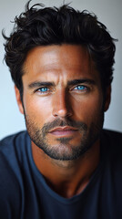 Obraz premium A Professional Male Portrait with Blue Eyes, Wearing a Gray Round-neck T-shirt, Featuring Dense Eyebrows and a Serious Expression