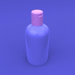 Elegant cosmetic bottle closeup on blue background. Modern cover design. 3d illustration.