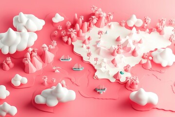 Cute 3D map isometric in pink and white color background