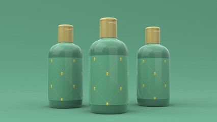 Elegant cosmetic bottles with label closeup on green background. Modern cover design. 3d illustration.