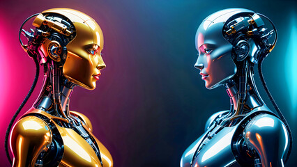 Two beautiful female androids are facing each other