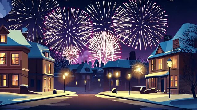 A quiet street is illuminated by streetlights and fireworks on a snowy winter night