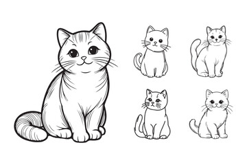 This black and white illustration features a cute cat sitting playfully