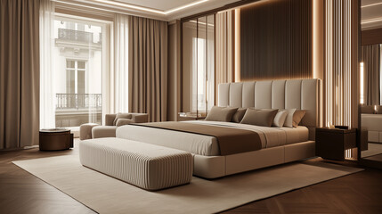 Luxury bedroom with walk-in closet and statement lighting