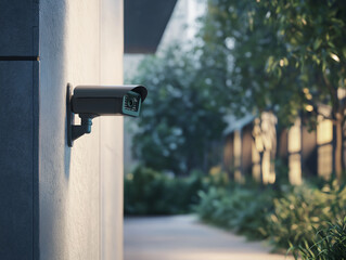 A building security camera in an outdoor area. AI generation