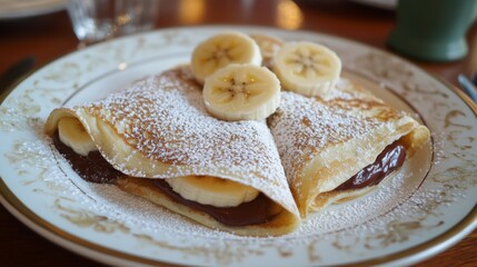 Two thin, golden-brown crepes folded in half and topped with sliced bananas and a generous amount of chocolate spread. 