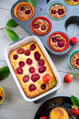 Sweet cottage cheese casserole with strawberry filling