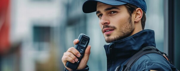 Fototapeta premium Young Security Guard Talking On Walkie-talkie, Generative AI