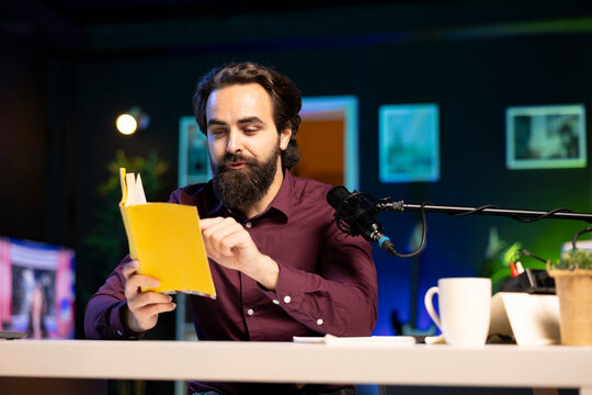 Internet show host being sponsored by partnering publisher to do new book unboxing content. Literature critic does influencer marketing, doing new author novel product placement