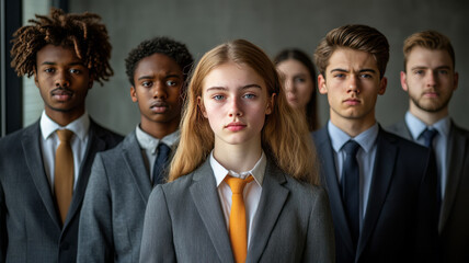 young group of job applicants front facing standing side by side in a line , all wearing formal business suits.