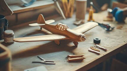 Wooden Model Airplane in Craft Workshop