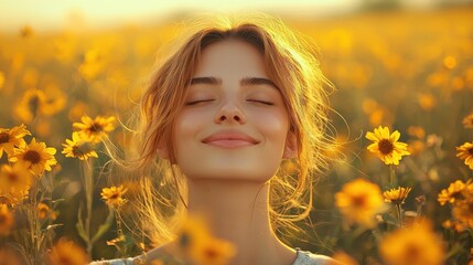 Naklejka premium Young woman enjoying a sunny day in a vibrant sunflower field, smiling peacefully among blooming flowers