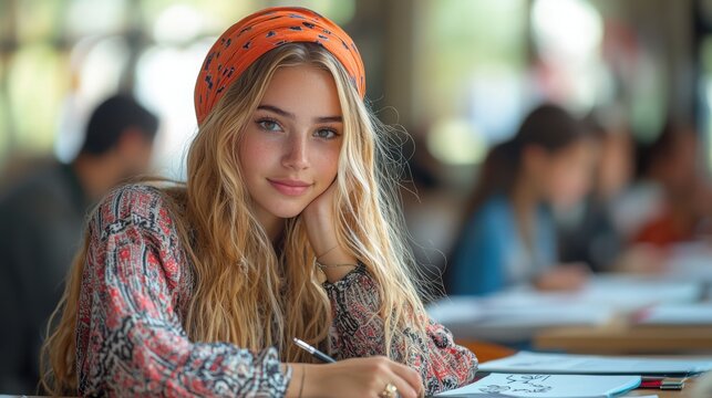 A young European woman is studying in a spacious room, wearing an orange headscarf. She looks thoughtfully at the viewer, with her hand resting on her cheek and notes around her.