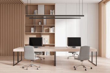 Modern Office Workspace with Two Computers and Bookshelves. 3D Rendering