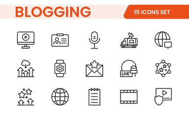Blogging banner with icons. Post, social media, community, content, website, sharing, create, opinion. Business concept. Web vector infographic in outline icon style.