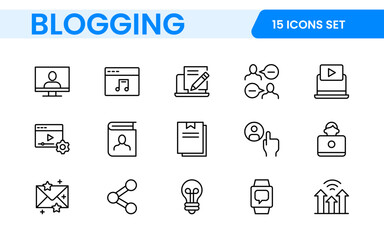 Blogging banner with icons. Post, social media, community, content, website, sharing, create, opinion. Business concept. Web vector infographic in outline icon style.