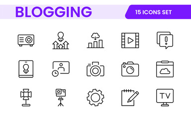 Blogging banner with icons. Post, social media, community, content, website, sharing, create, opinion. Business concept. Web vector infographic in outline icon style.