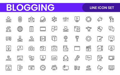 Blogging banner with icons. Post, social media, community, content, website, sharing, create, opinion. Business concept. Web vector infographic in outline icon style.