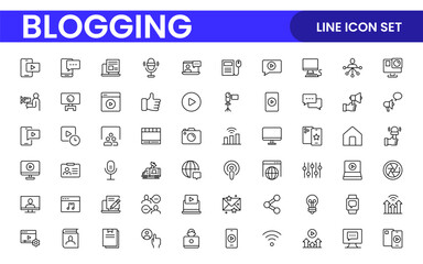 Blogging banner with icons. Post, social media, community, content, website, sharing, create, opinion. Business concept. Web vector infographic in outline icon style.