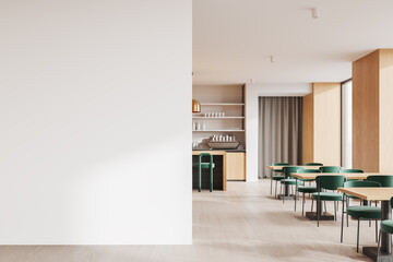 Cafe interior with dining table and chairs, bar counter and window. Mockup wall