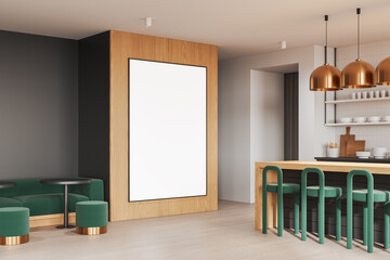 Luxury cafe interior with eating tables and chairs, mockup frame