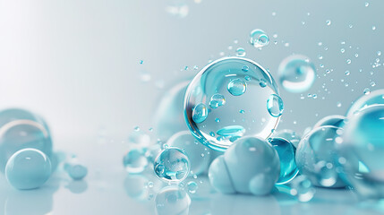 Series of Transparent Water Droplets Suspended in Air on Light Blue Background, Each Containing Tiny Bubbles, Emitting a Serene and Refreshing Vibe
