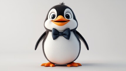 Fototapeta premium A cute animated penguin character wearing a bow tie, showcasing a cheerful expression against a simple background.