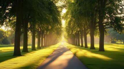 Fototapeta premium Serene Tree-Lined Pathway in Soft Morning Light