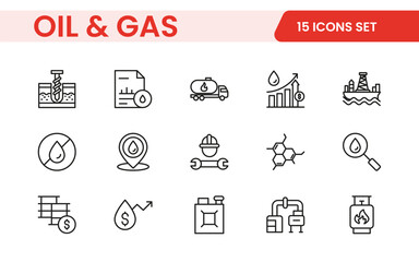 Set of Oil Gas Industry Line Icons. Contains such Icons as Gas Station, Oil Factories, Transportation, and more. line icon set.