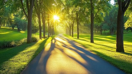 Obraz premium Serene Pathway Under Sunlit Green Canopy