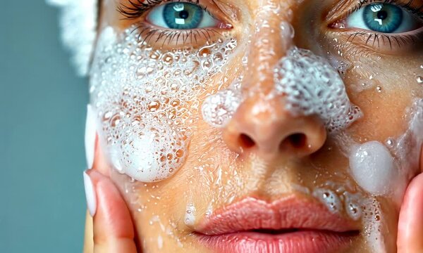A refreshing cleansing routine unfolds, featuring a close-up of bubbly lather on vibrant, clear skin. This gentle process reveals the beauty of self-care and rejuvenation