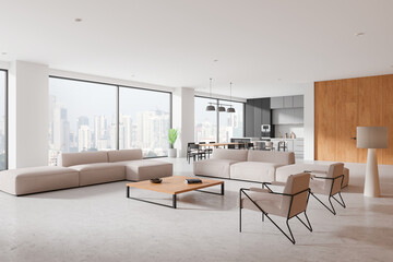 Fototapeta premium Home studio interior with couch and dining space, cooking space and window