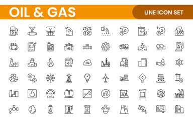 Set of Oil Gas Industry Line Icons. Contains such Icons as Gas Station, Oil Factories, Transportation, and more. line icon set.