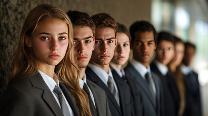 Fototapeta premium young group of job applicants front facing standing side by side in a line , all wearing formal business suits.