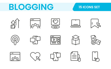 Blogging banner with icons. Post, social media, community, content, website, sharing, create, opinion. Business concept. Web vector infographic in outline icon style.
