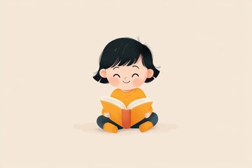 A young child sitting on the floor, happily reading a bright orange book while smiling widely